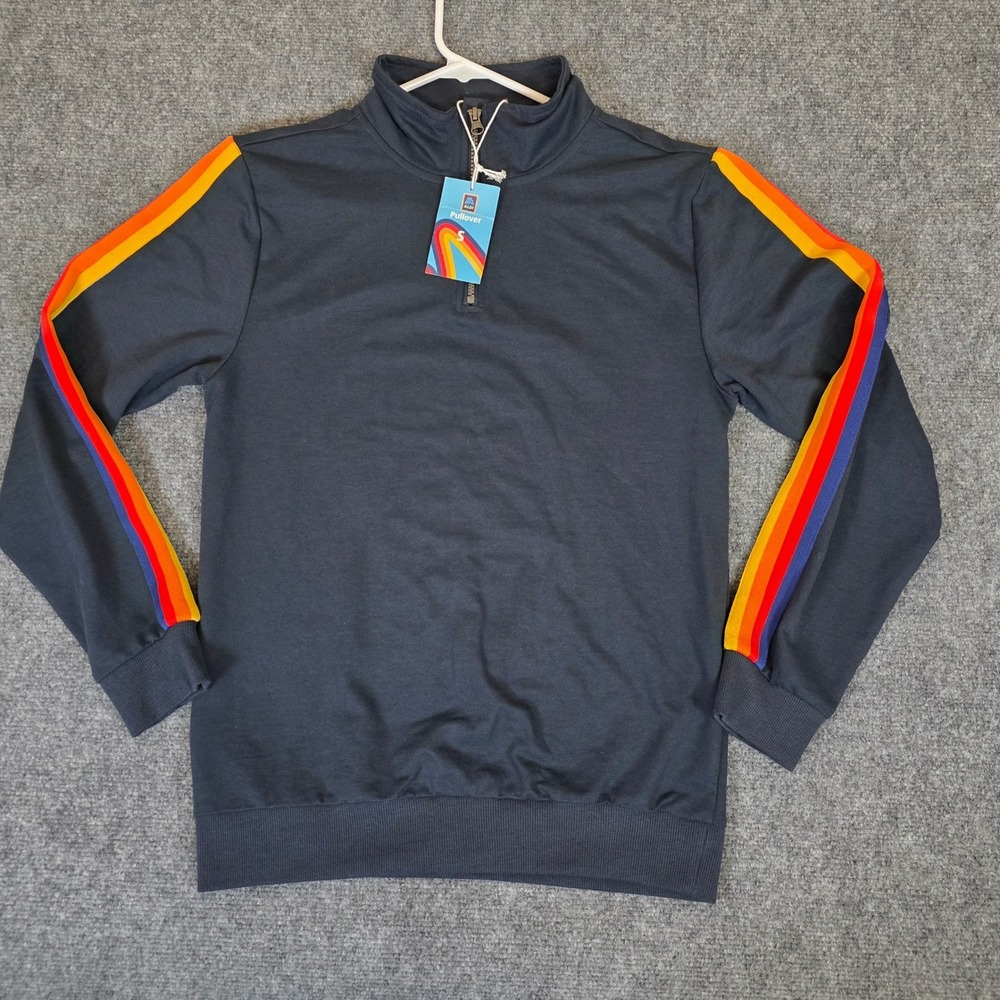 Aldi‎ Pullover Mens Small Navy Blue Quarter Zip Retro Rainbow Stripe Long Sleeve